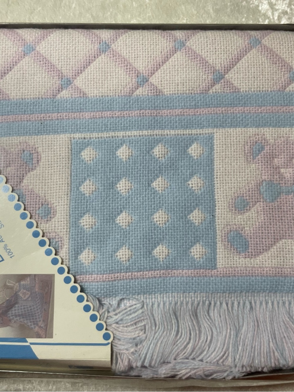 Pastel Blue & Pink Fringe Decorative Baby Crib Blanket Vintage Riegel